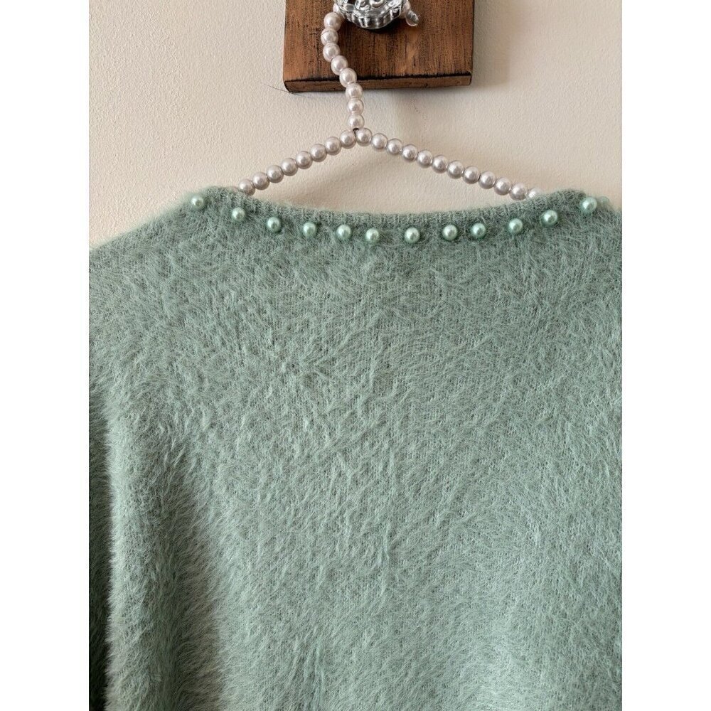 Nwt Listicle Womens Size S Green Fuzzy Sweater Beaded Trim — image 5 of 7